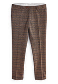 Braune Karohose mit feinen Streifen in Beige und Orange. Hergestellt aus strukturiertem Material, mit vorderen Taschen und einem Knopfverschluss.