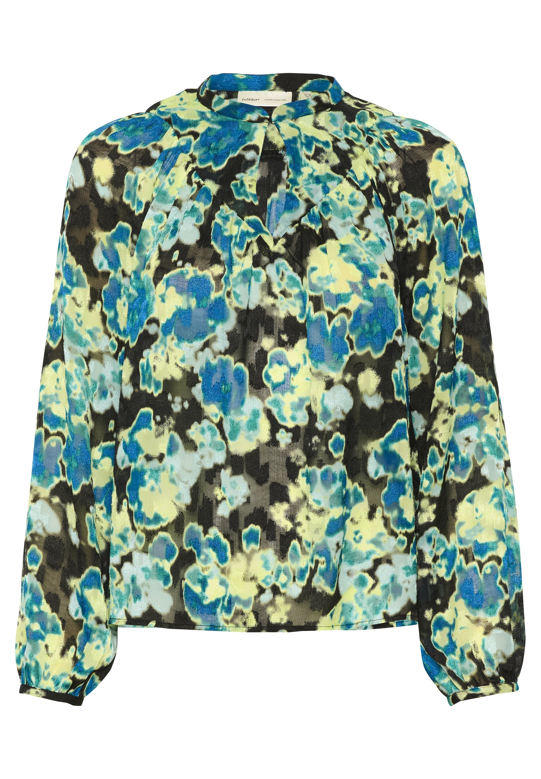 Blumenbluse in Schwarz, Blau und Gelb mit langen Ärmeln, rundem Ausschnitt und subtilen Fältelungen. Weicher, leichter Stoff mit lebhaftem Muster.