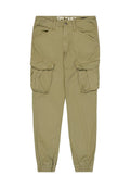 Khaki Cargo-Hosen mit mehreren Seitentaschen, elastischen Bündchen und einem lockeren Schnitt. Hergestellt aus weichem Stoff, mit einem Knopf- und Reißverschluss.