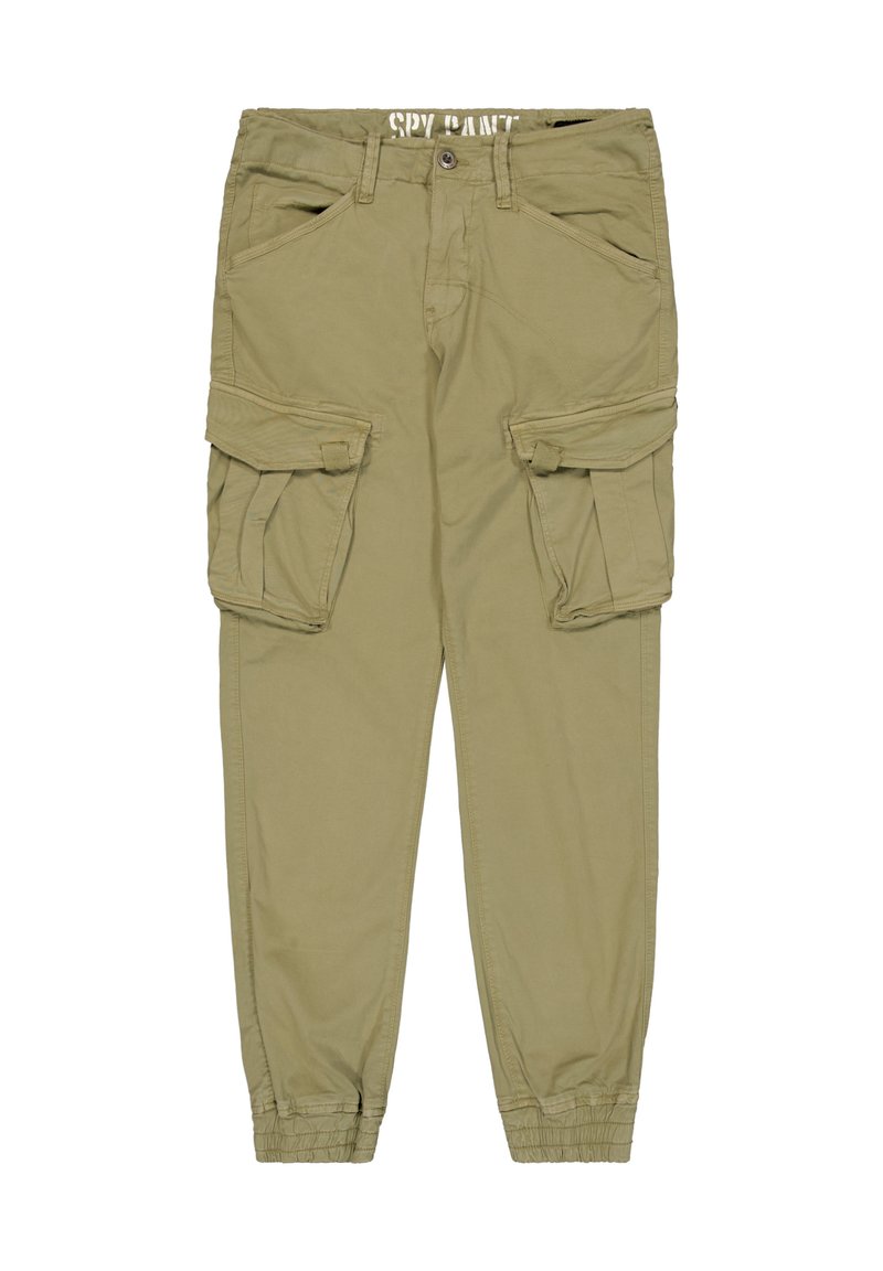 Khaki Cargo-Hosen mit mehreren Seitentaschen, elastischen Bündchen und einem lockeren Schnitt. Hergestellt aus weichem Stoff, mit einem Knopf- und Reißverschluss.