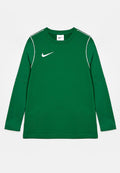 Grünes langärmeliges Sportshirt mit weißem Nike-Logo auf der Brust und weißen Paspel-Details an den Schulternähten, flach auf weißem Hintergrund liegend.