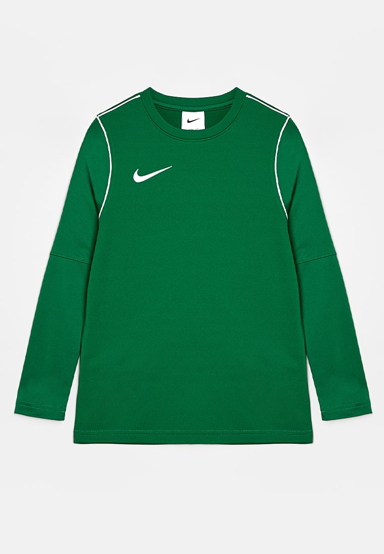 Grünes langärmeliges Sportshirt mit weißem Nike-Logo auf der Brust und weißen Paspel-Details an den Schulternähten, flach auf weißem Hintergrund liegend.