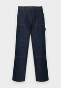 Dunkelblaue Jeans-Arbeitshose mit geraden Beinen, verstärkten Kniepatches, Seitentaschen, Gürtelschlaufen und einem vorderen Knopfverschluss.