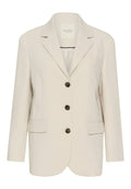 Beige Blazer aus glattem Stoff mit Reverskragen, vier Knöpfen vorne, zwei Seitentaschen und einer kleinen Brusttasche.