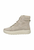 Beige Wildleder High-Top Sneakers mit einer strukturierten Sohle, runder Zehenpartie, Schnürsenkeln und einem seitlichen Reißverschluss für einfaches An- und Ausziehen. Einfaches Design ohne sichtbare Muster.
