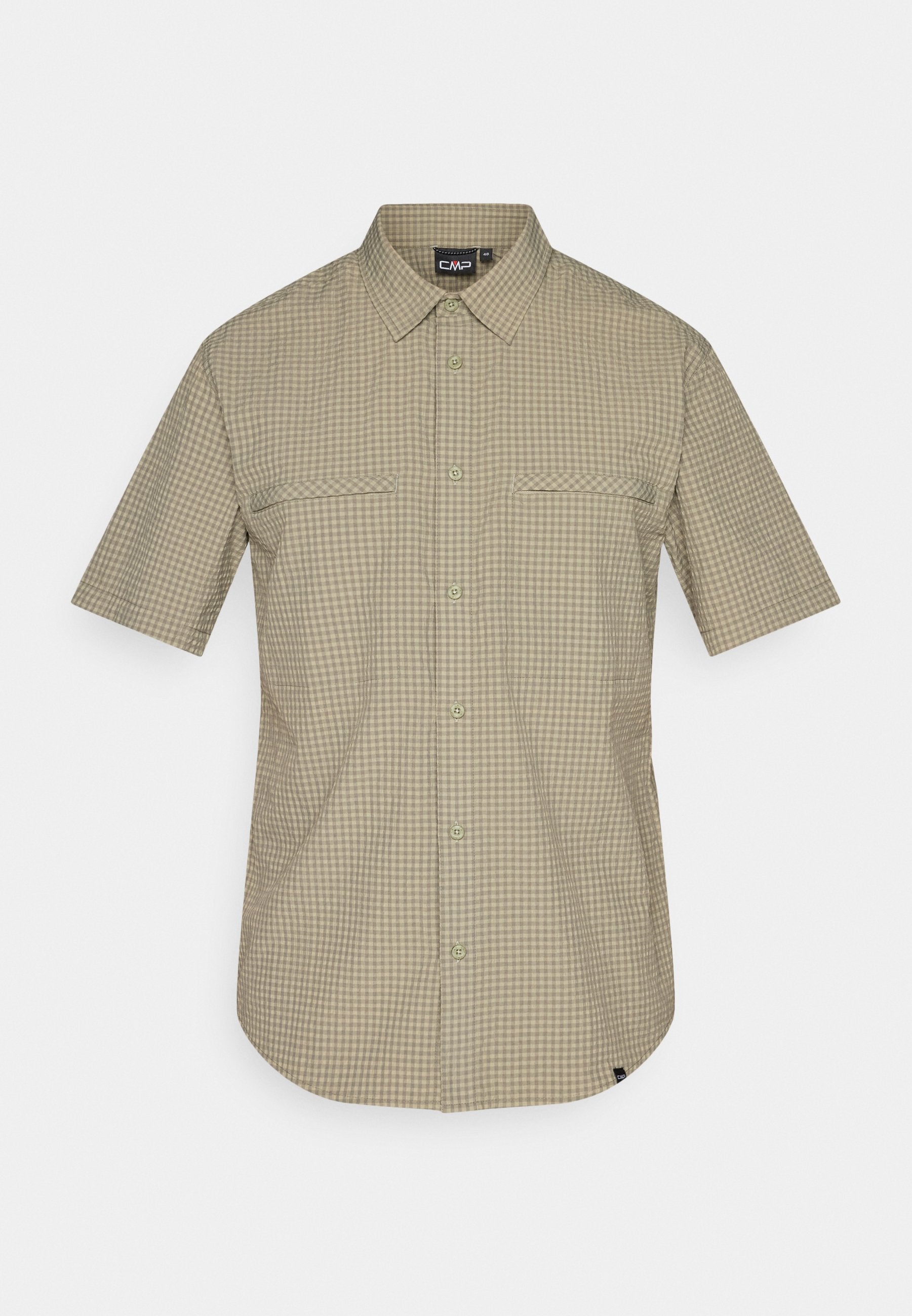 Beige und hellbraunes kurzärmeliges Hemd mit kleinem kariertem Muster, klassischem Kragen und zwei horizontalen Brusttaschen.