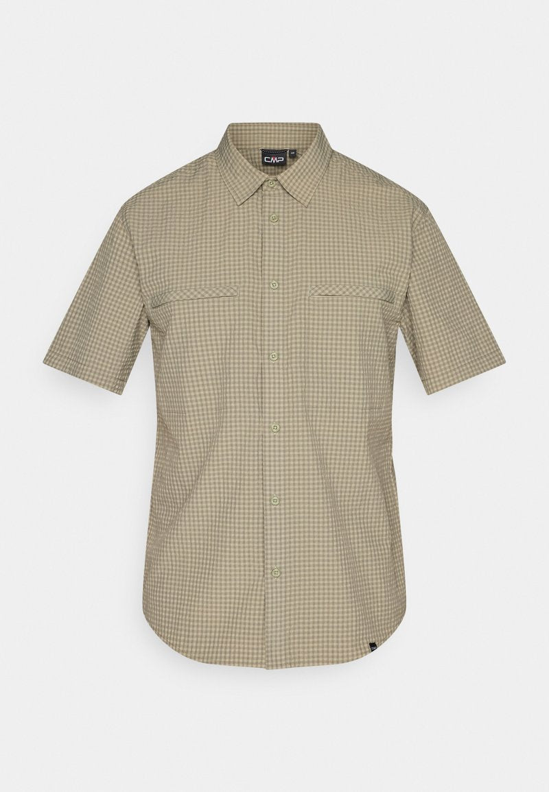 Beige und hellbraunes kurzärmeliges Hemd mit kleinem kariertem Muster, klassischem Kragen und zwei horizontalen Brusttaschen.