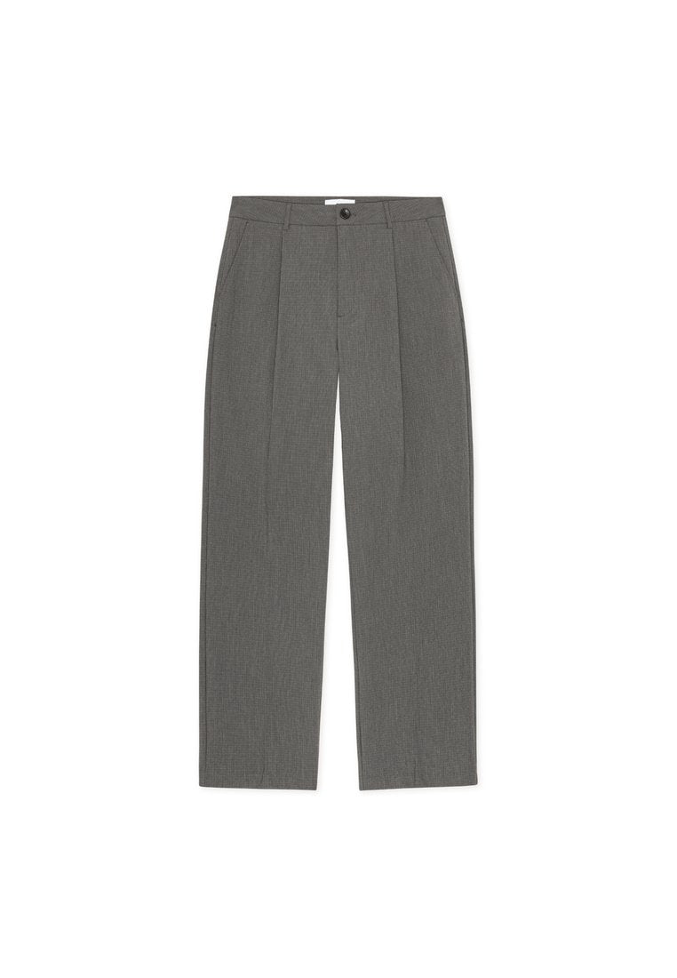 Graue plissierte Hose mit gerader Beinführung, ausgestattet mit einem Frontknopfverschluss und einem texturierten Stoff für ein maßgeschneidertes Aussehen.