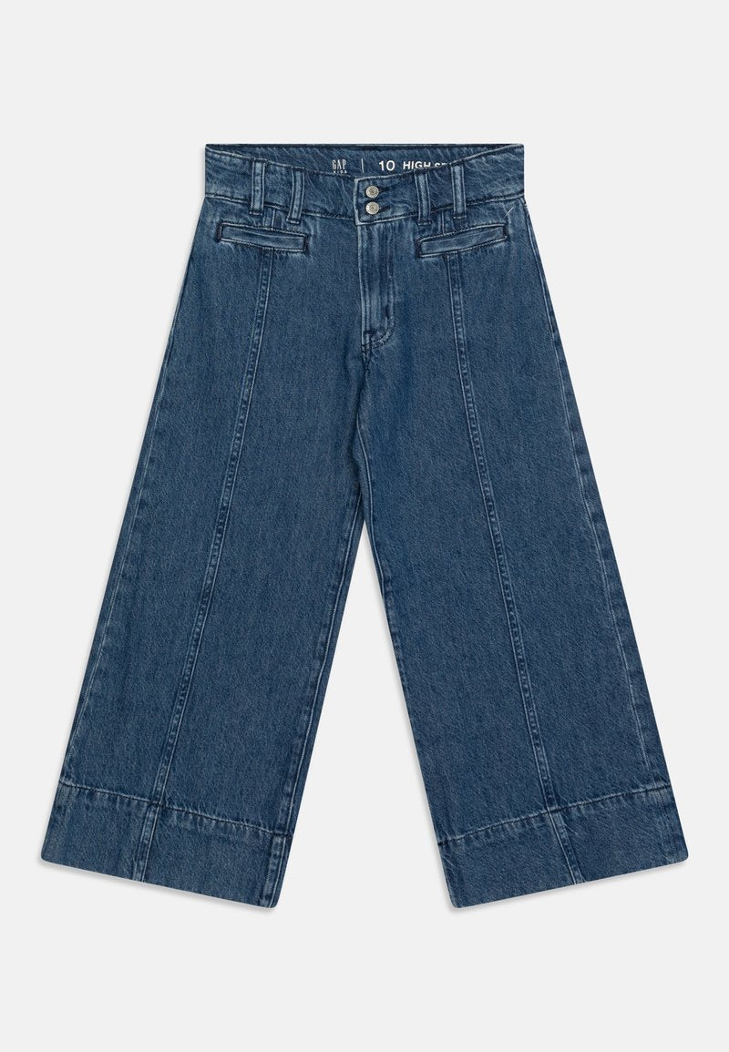 Hoch-taillierte, weit geschnittene Jeans aus dunklem Denim. Verfügt über Fronttaschen, Knopfverschluss und umgeschlagenen Saum. Strukturiertes Material mit sichtbaren Nählinien.