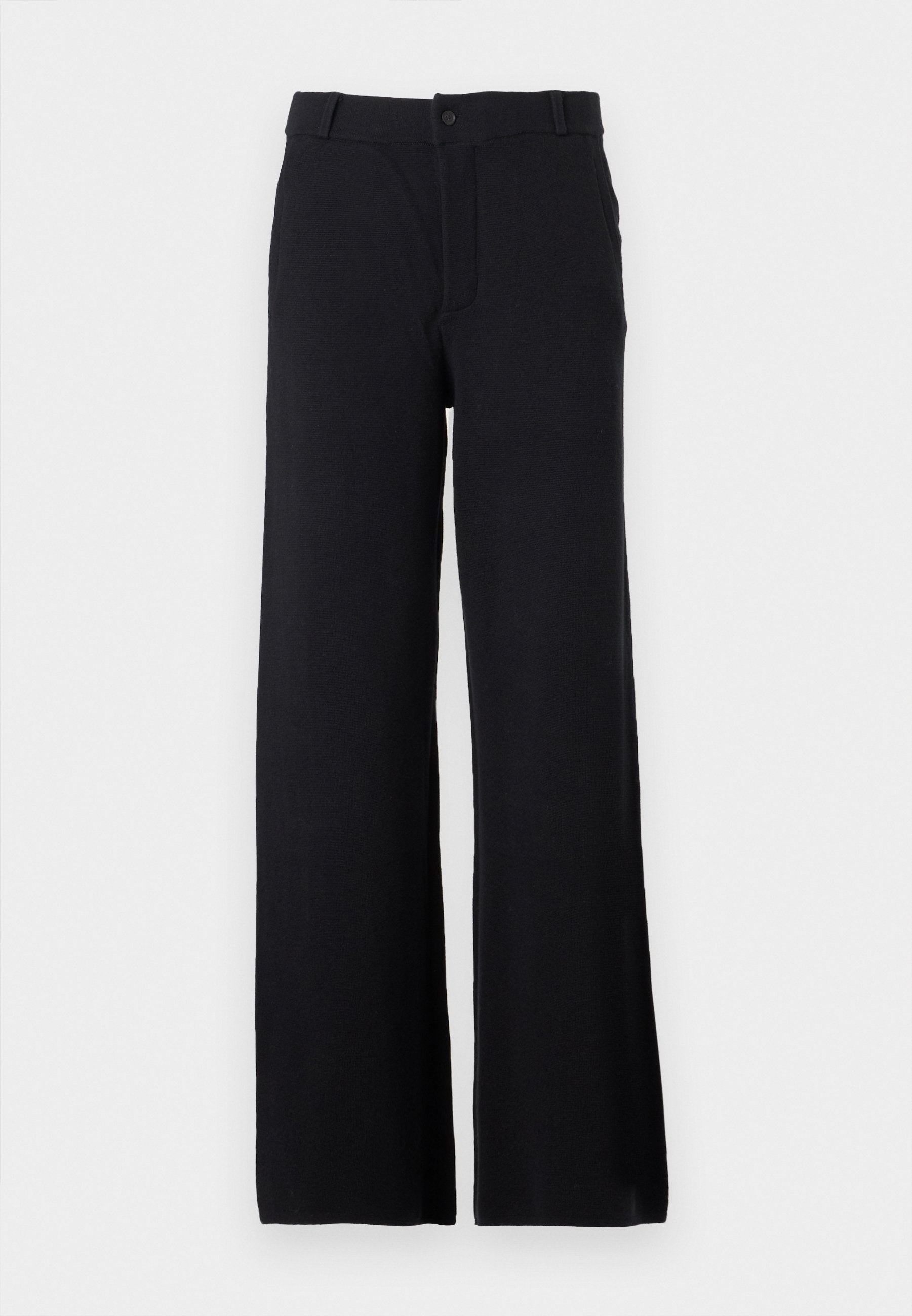 Schwarze weit geschnittene Hosen aus einem strukturierten Stoff. Mit vorderen Taschen, einem Knopfverschluss und einem hoch sitzenden Design.