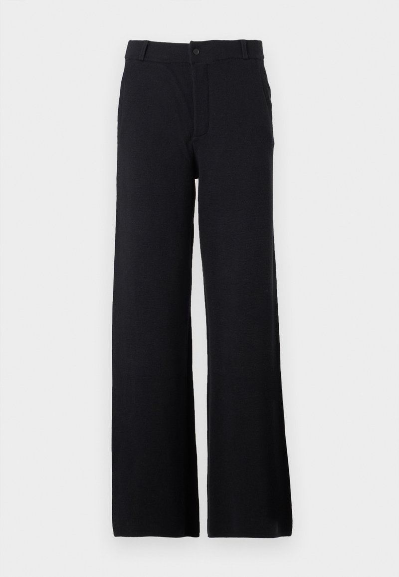 Schwarze weit geschnittene Hosen aus einem strukturierten Stoff. Mit vorderen Taschen, einem Knopfverschluss und einem hoch sitzenden Design.