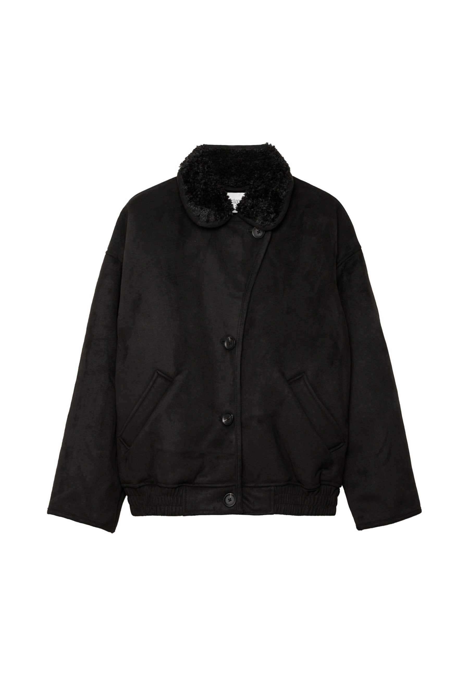 Schwarze Wildlederjacke mit einem weichen Fellkragen, mit Knopfverschluss, zwei Seitentaschen und einem elastischen Bündchen für eine lockere Passform.