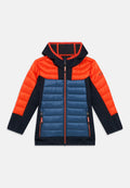 Gepolsterte Jacke mit Kapuze, mit einem orangefarbenen oberen Abschnitt, blauen strukturierten Einsätzen und schwarzen Ärmeln. Vorderer Reißverschluss und Seitentaschen enthalten.