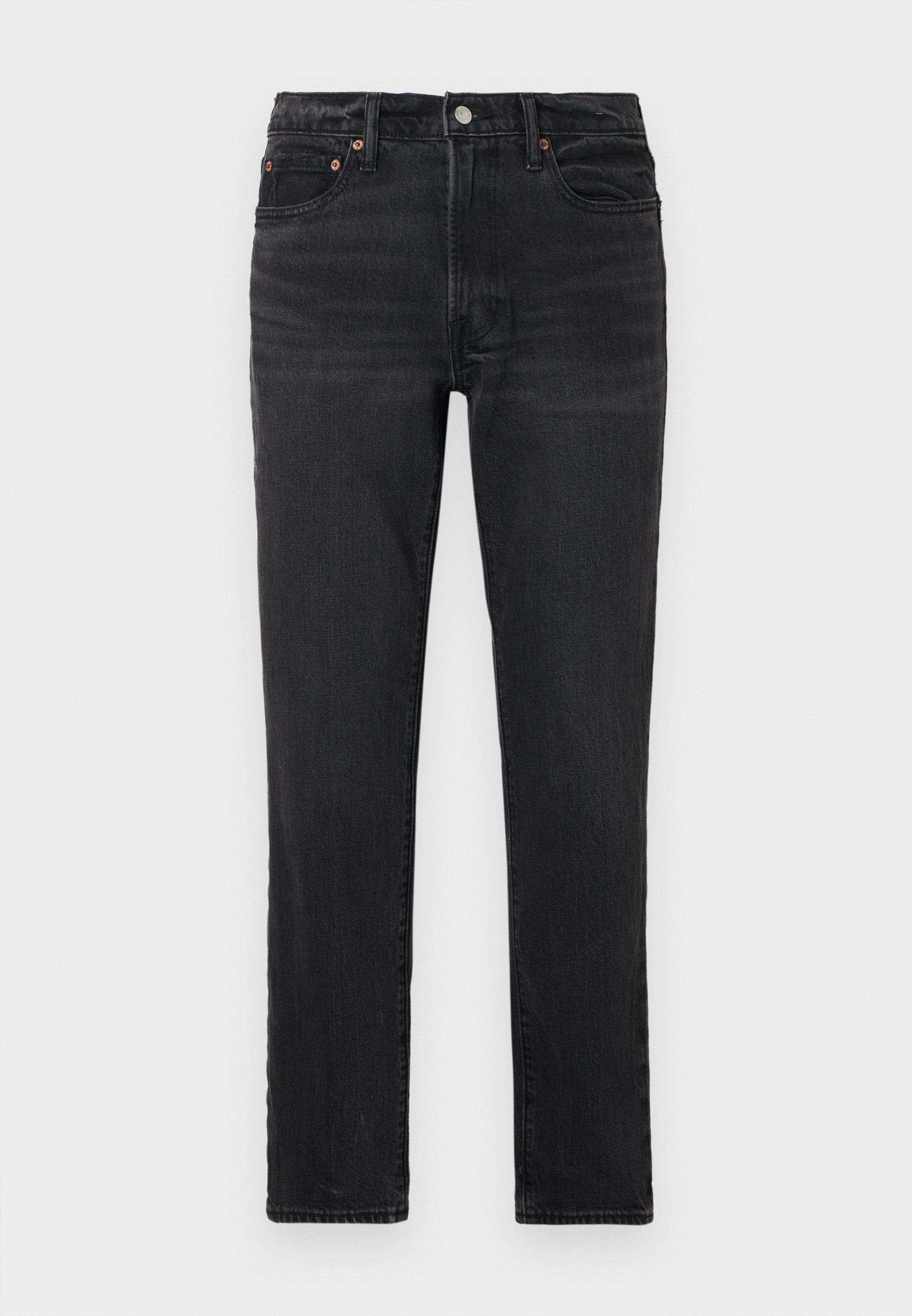 Schwarze Denim-Jeans mit geradem Bein, ausgestattet mit vorderen Taschen, einem Bund und Kupfer-farbenen Beschlägen.