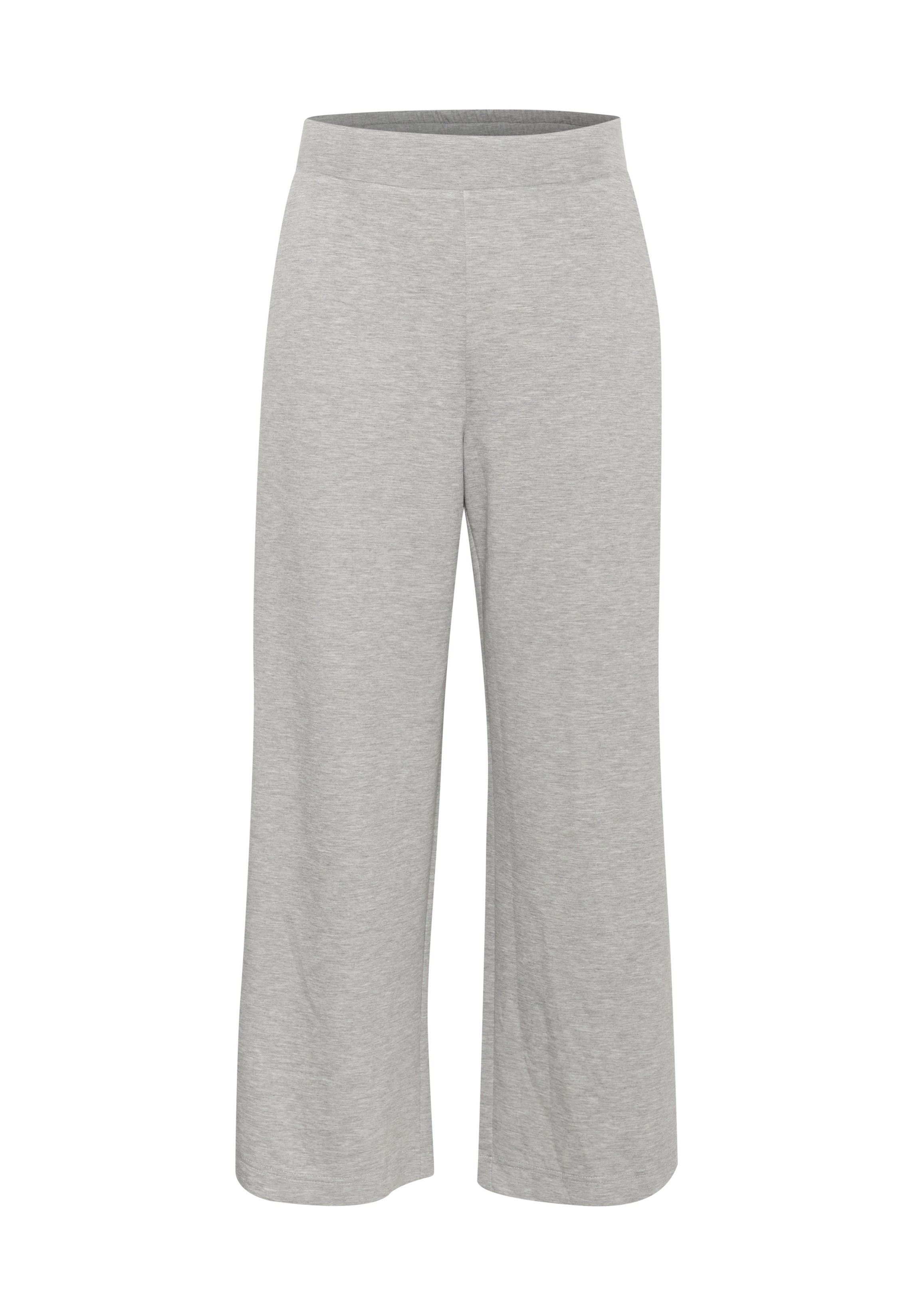 Graue, weit geschnittene Hose aus weichem, dehnbarem Stoff; mit elastischem Bund; glatte Textur ohne sichtbare Muster oder Verzierungen.