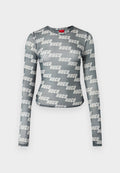 Graues, tailliertes Langarmoberteil mit rundem Ausschnitt und einem ganzflächigen weißen "HUGO" Logo-Print sowie glattem, elastischem Material.