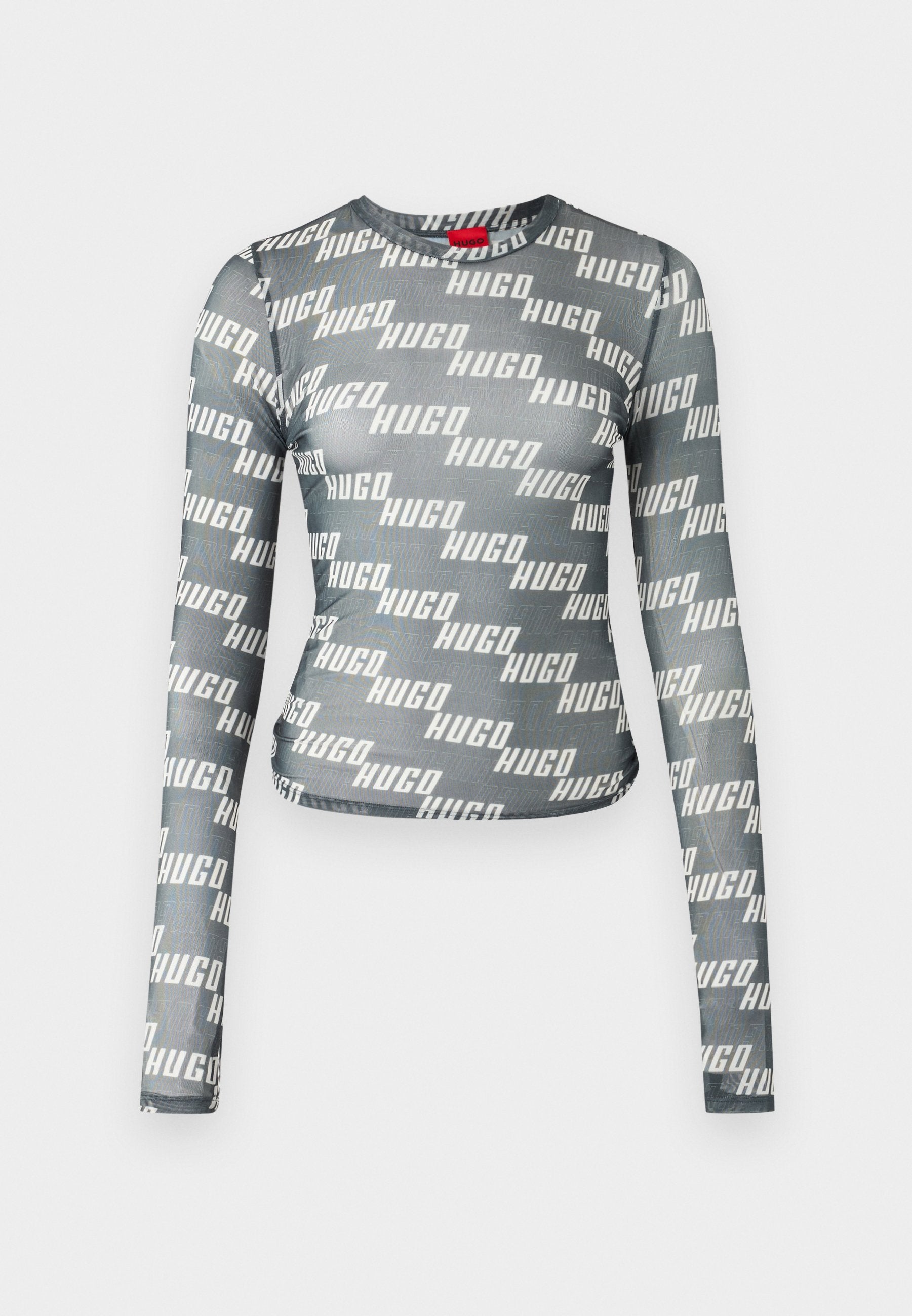Graues, tailliertes Langarmoberteil mit rundem Ausschnitt und einem ganzflächigen weißen "HUGO" Logo-Print sowie glattem, elastischem Material.