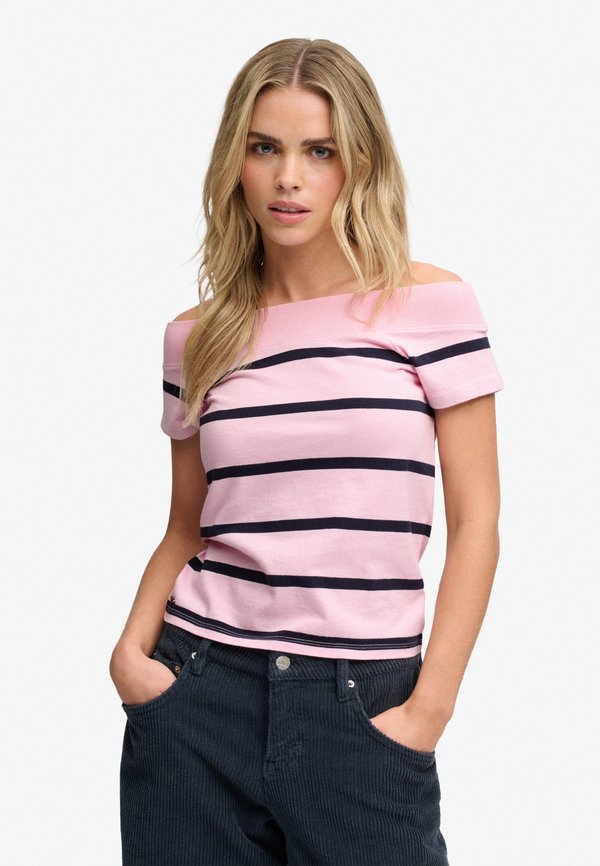 Superdry & Co SUPERDRY ATHLETIC OFF SHOULDER PATTERN TOP.. - Print T-shirt - pink navy stripe