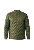 Olivgrüne gesteppte Jacke mit Rundhalsausschnitt, Druckknopfverschluss, seitlichen Taschen und gerippten Bündchen; zeichnet sich durch ein Rautenmuster aus.
