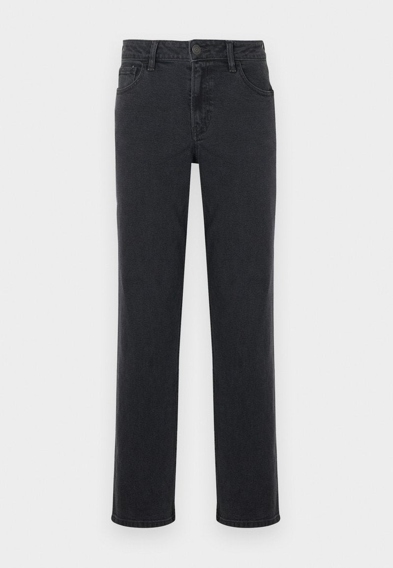 Schwarze Jeans aus Denim mit geradem Bein, fünf Taschen und Knopfverschluss. Der Stoff weist eine dezente Textur und Farbabstufung auf.