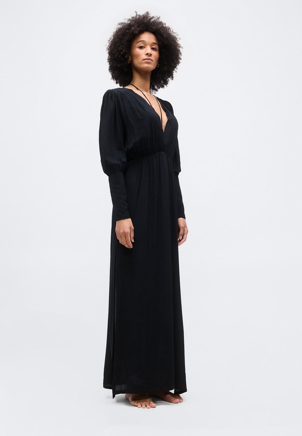 ADRIANA DEGREAS SOLID PLUNGE NECK MAXI DRESS