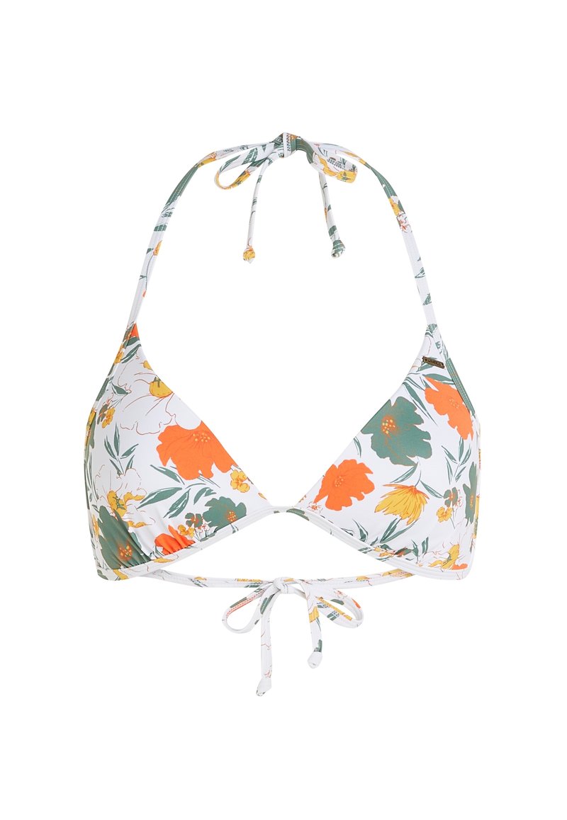 Bikini-Oberteil mit dreieckigen Cups, weißer Grundfarbe, verziert mit orangefarbenen und gelben Blumenmustern, Bindebänder am Hals und Rücken, nahtlose Kanten.