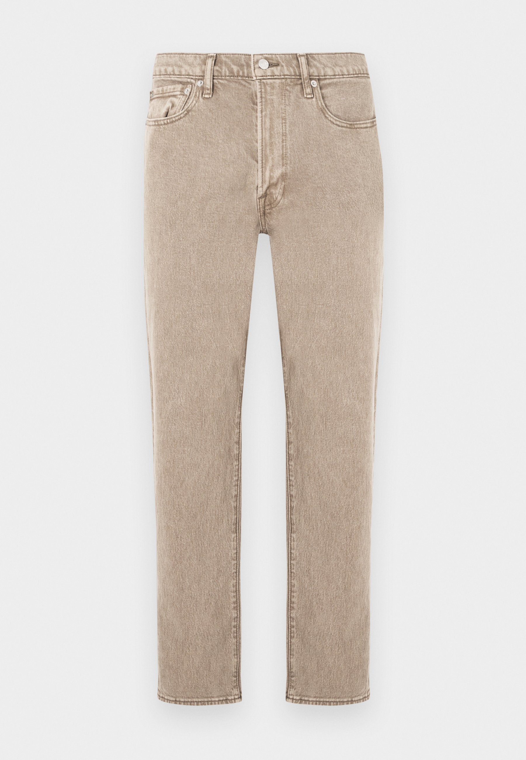Beige Jeans aus Denim mit geradem Schnitt, ausgestattet mit fünf Taschen, Metallknopfverschluss und dezenter, verwaschener Texture. Klassischer Stil, ungeschmückt.