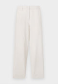 Beige Baumwollhosen mit geradem Bein, ausgestattet mit einem Knopfverschluss, Vordertaschen und einem sauberen Abschluss an den Säumen.