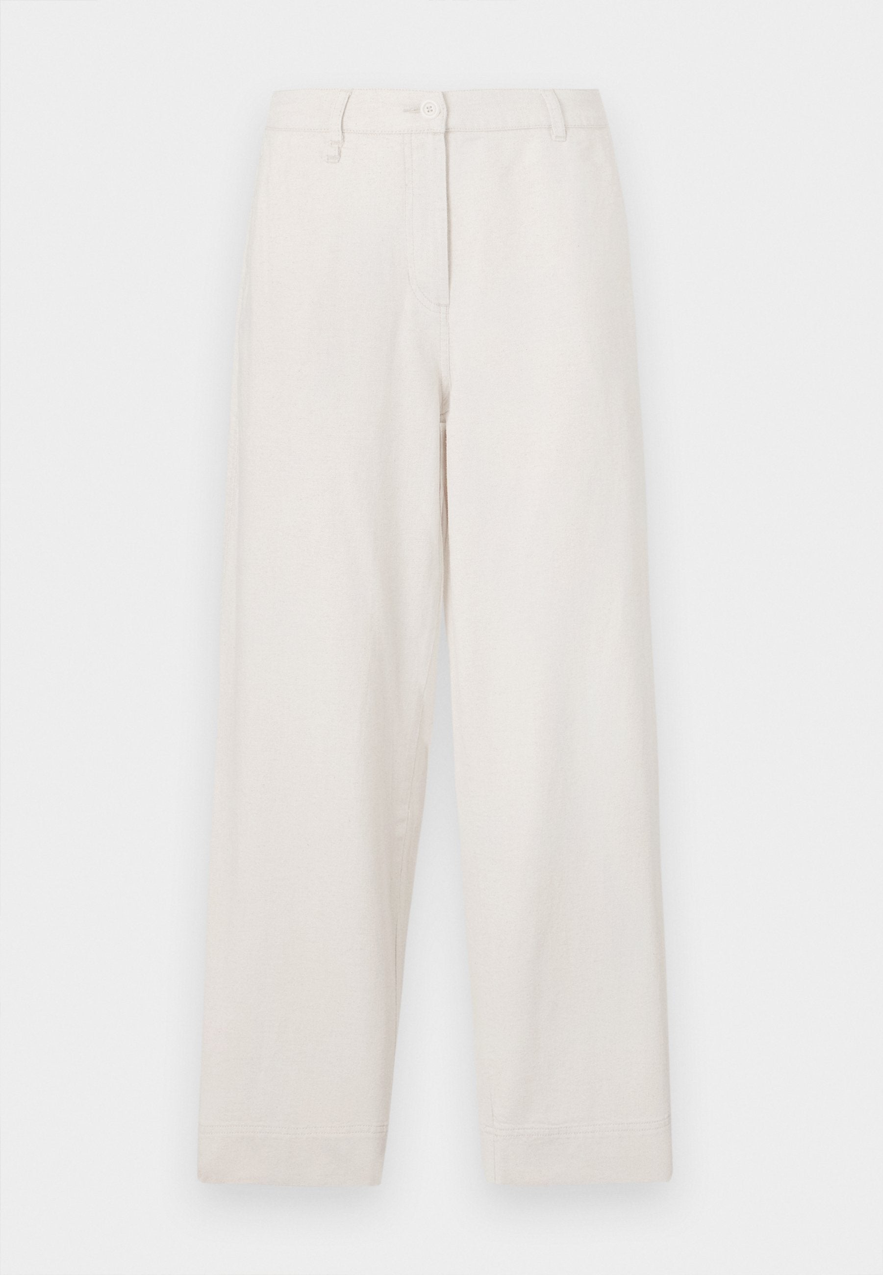 Beige Baumwollhosen mit geradem Bein, ausgestattet mit einem Knopfverschluss, Vordertaschen und einem sauberen Abschluss an den Säumen.