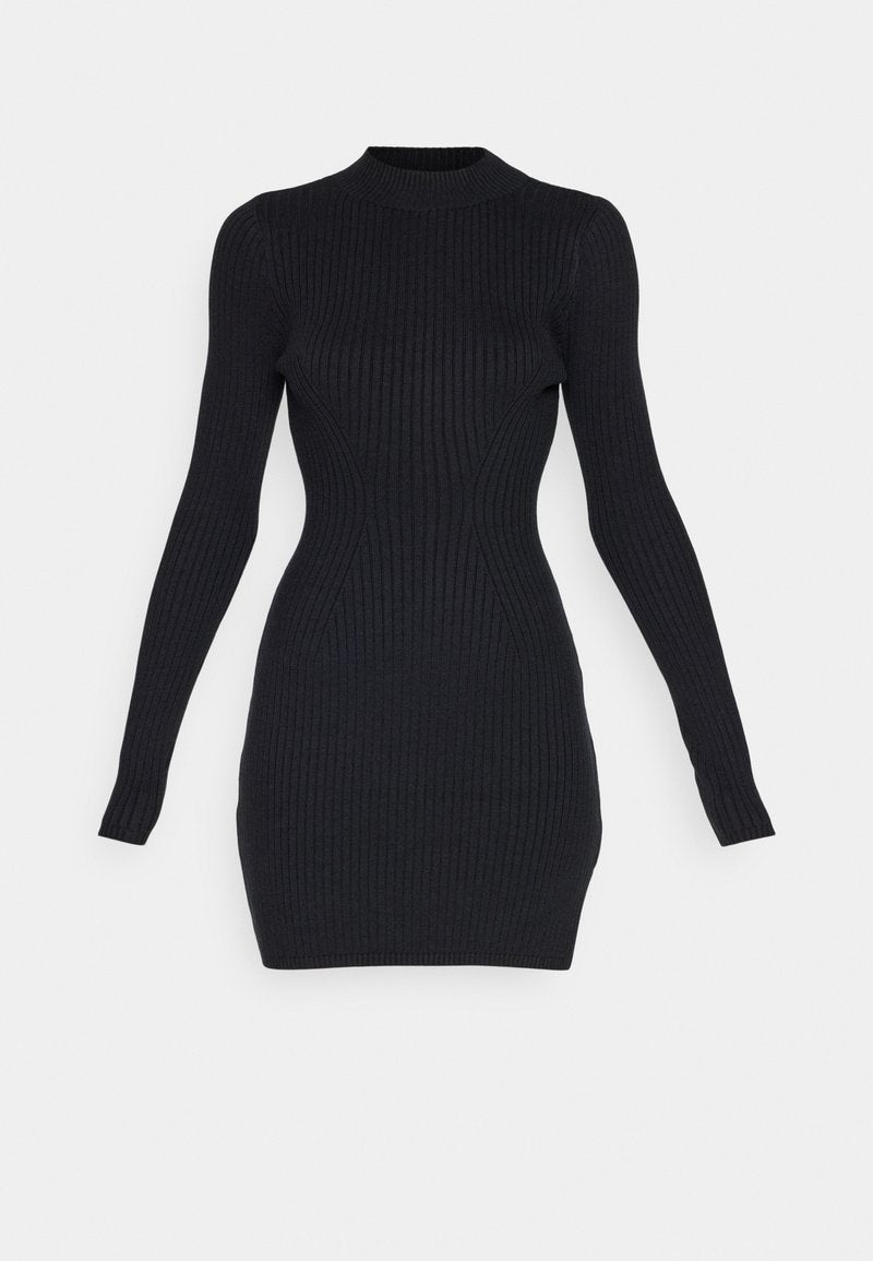 Schwarzes geripptes Strickkleid mit langen Ärmeln, hohem Kragen und figurbetonter Silhouette. Mit Nahtdetails an der Seite und einer strukturierten Oberfläche.