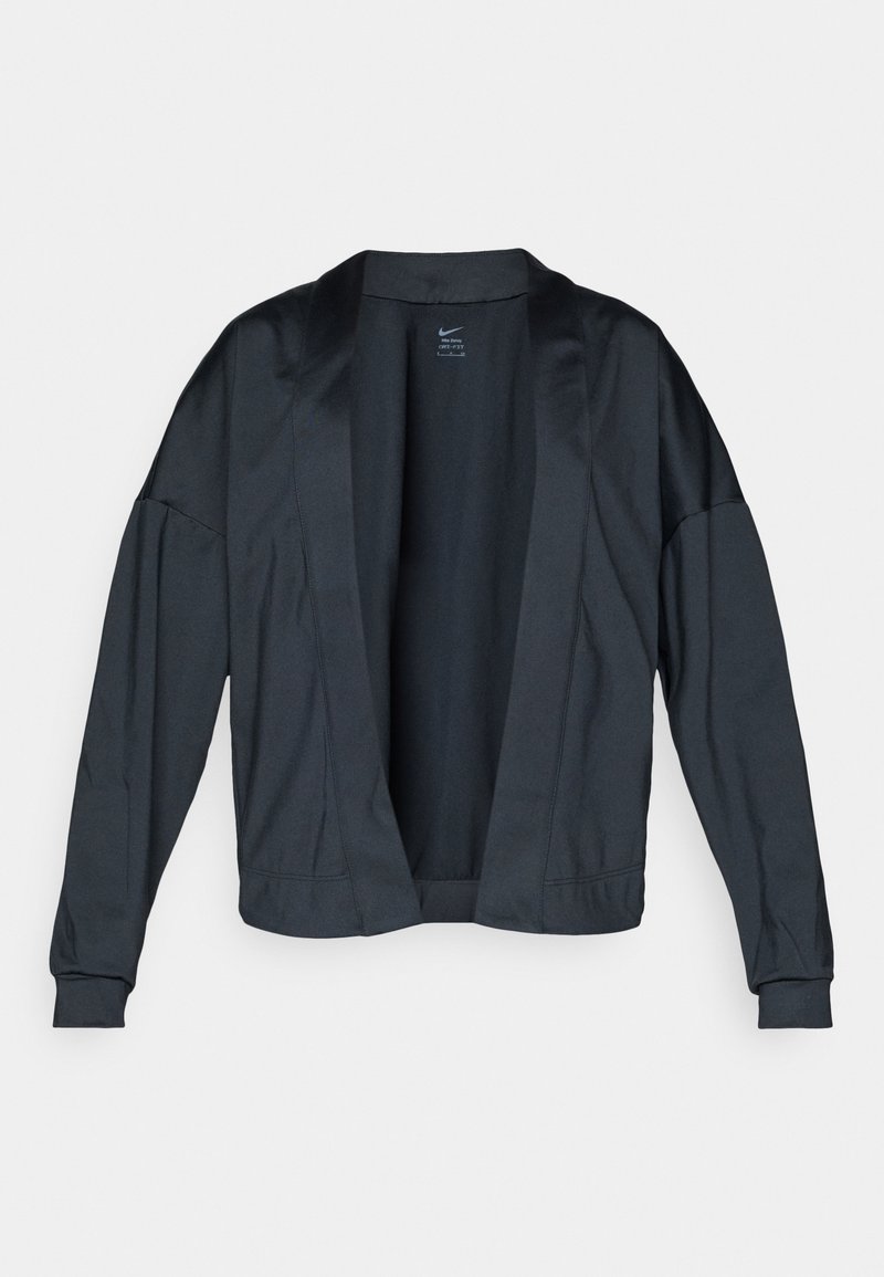 Schwarze Nike-Jacke mit offenem Vorderteil, langen Ärmeln und gerippten Bündchen. Sie verfügt über ein glattes, leichtes Gewebe und ein minimalistisches Design ohne Verschlüsse.