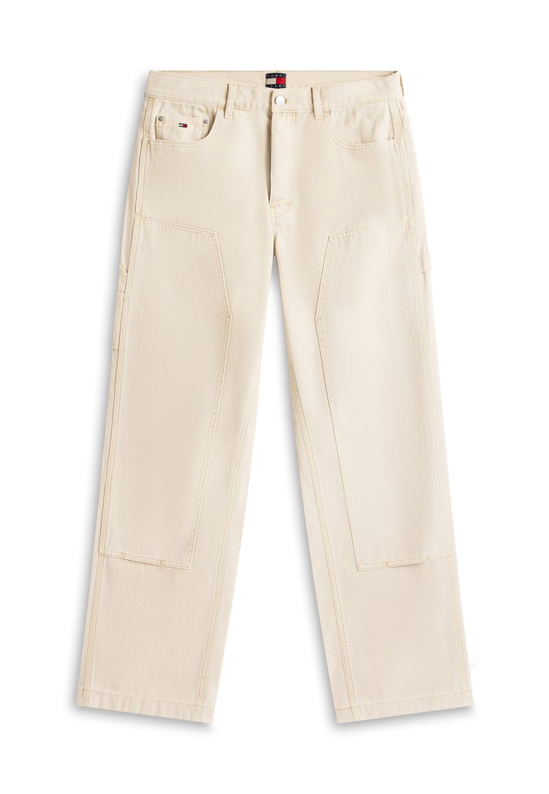 Beige gerade geschnittene Hose mit großen Fronttaschen am Oberschenkel, Gürtelschlaufen, Metallknopfverschluss und kleinem Tommy Hilfiger Logo an der rechten Tasche.
