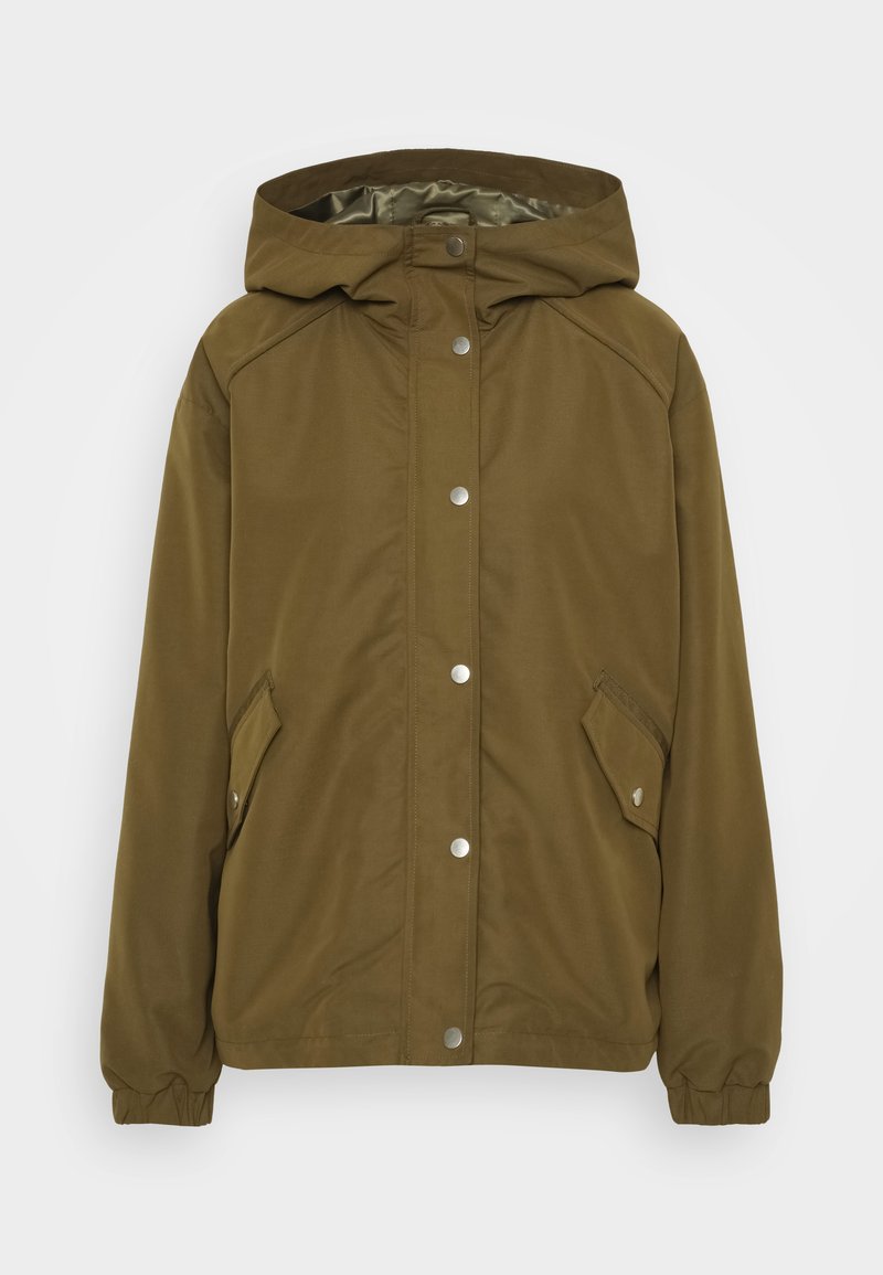 Olivegrüne leichte Jacke mit Kapuze, Druckknopfverschluss, zwei Seitentaschen und ribbed Ärmeln. Glattes, wasserabweisendes Material.