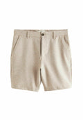 Beige Shorts aus einem strukturierten Stoff, mit Knopfverschluss, zwei seitlichen Taschen und einem klassischen Schnitt. Ideal für die Freizeit.