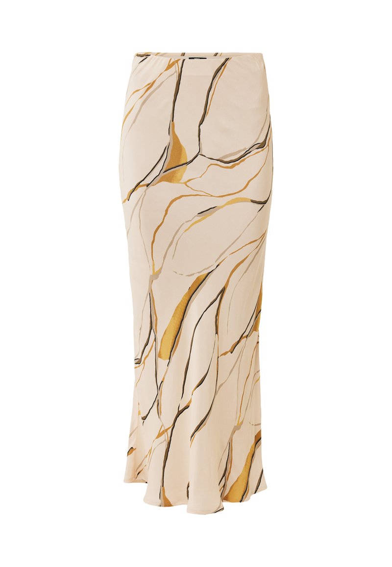 Maxi-Rock aus beigem Stoff mit abstrakten goldenen und schwarzen Linien, verfügt über eine figurbetonte Taille und eine fließende Silhouette. Glatte Textur.