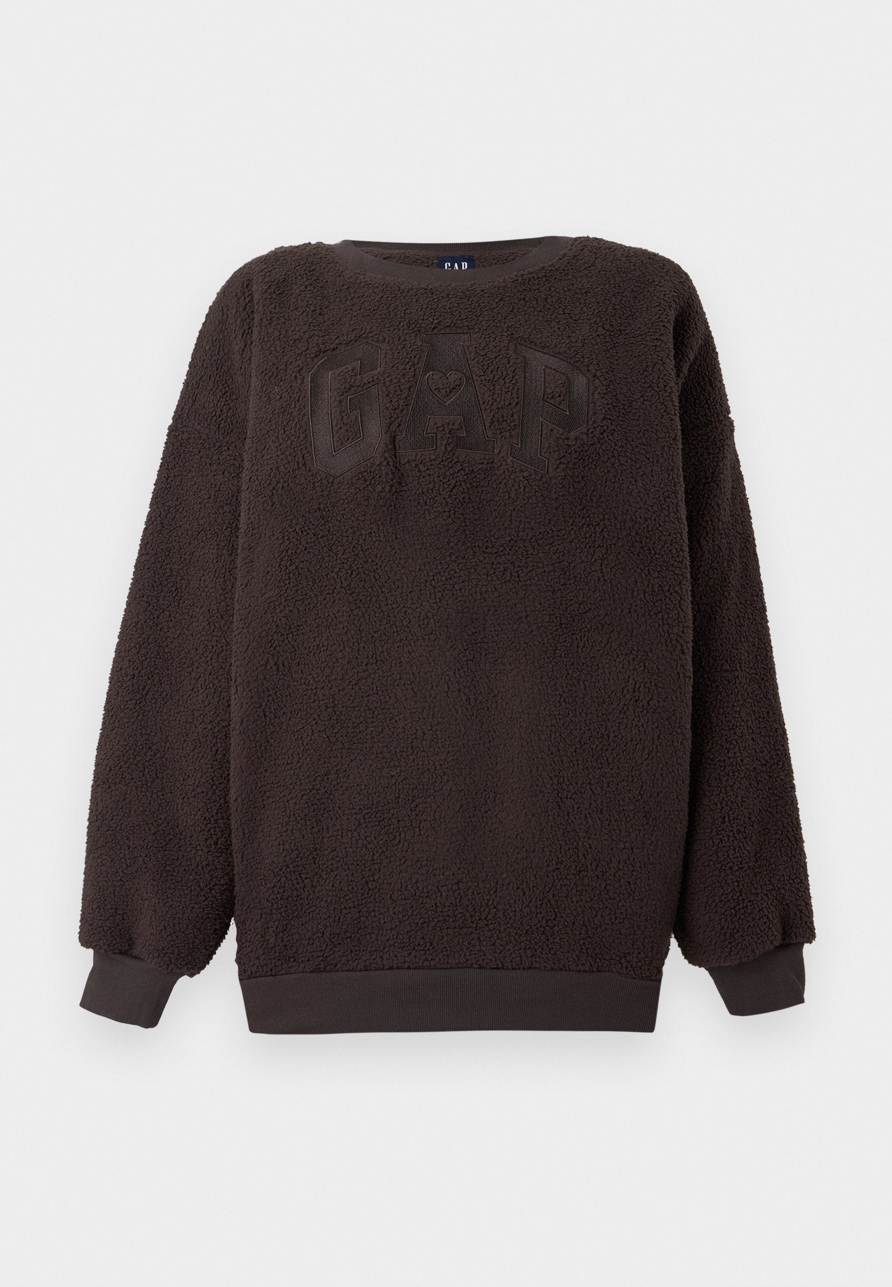 Dunkelbraunes Fleece-Sweatshirt mit strukturierter Oberfläche, Rundhalsausschnitt und gerippten Bündchen. Auf der Vorderseite befindet sich ein erhabenes "GAP"-Logo.
