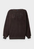 Dunkelbraunes Fleece-Sweatshirt mit strukturierter Oberfläche, Rundhalsausschnitt und gerippten Bündchen. Auf der Vorderseite befindet sich ein erhabenes "GAP"-Logo.