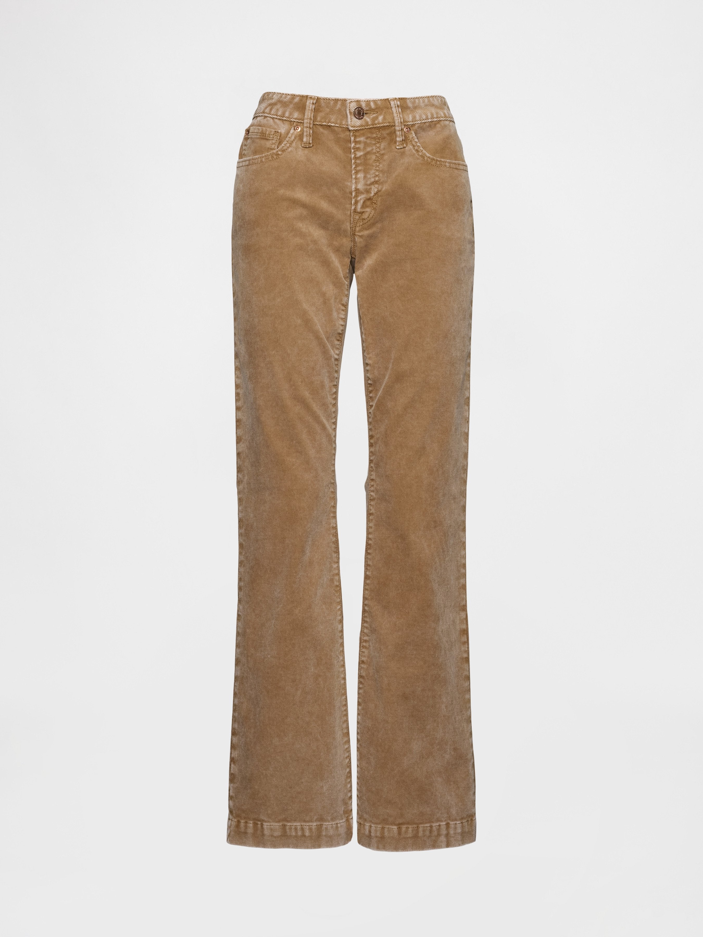 Braune Corduroy-Jeans mit ausgestelltem Bein, ausgestattet mit einem Knopfverschluss, vorderen Taschen und einer dezenten Textur. Sie sind für eine taillierte Passform und lockere Beine entworfen.