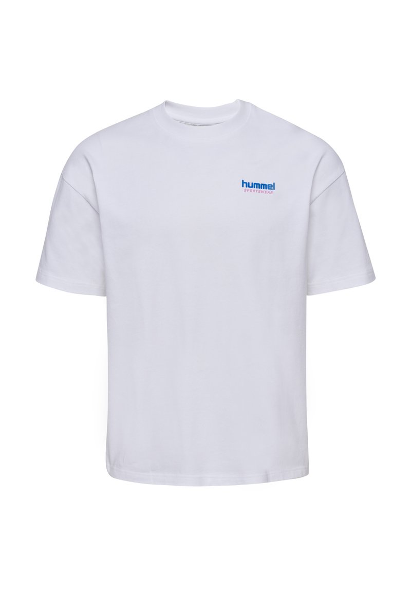 Weißes Baumwoll-T-Shirt mit Rundhalsausschnitt, kurzen Ärmeln und „hummel“-Logo in Blau und Pink auf der linken Brustseite. Normale Passform.