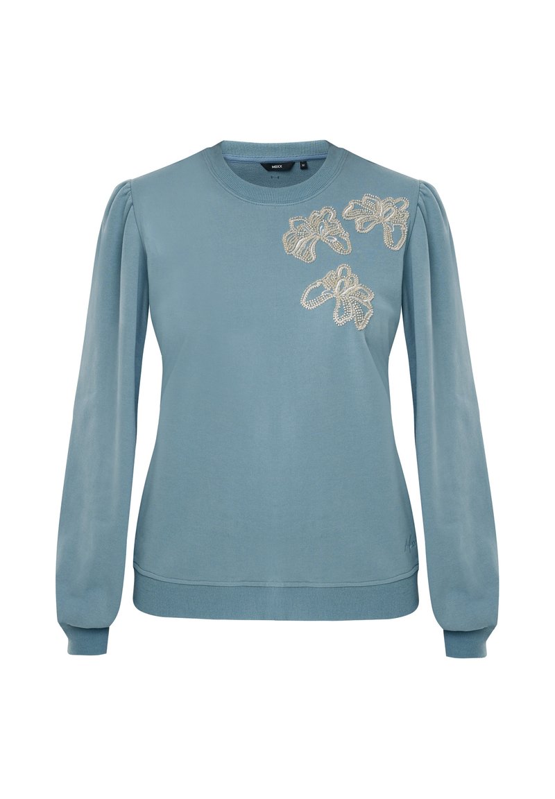 Hellblaue Sweatshirt mit puffigen Ärmeln, gerippten Bündchen und Saum. Mit filigranen, in einem helleren Farbton gestickten Blumenmotiven auf der Brust.