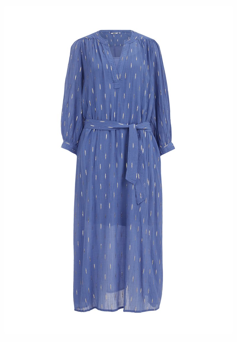 Blaues Langarmkleid mit V-Ausschnitt und Bindegürtel. Hergestellt aus leichtem, strukturiertem Stoff mit goldenen vertikalen Streifen.