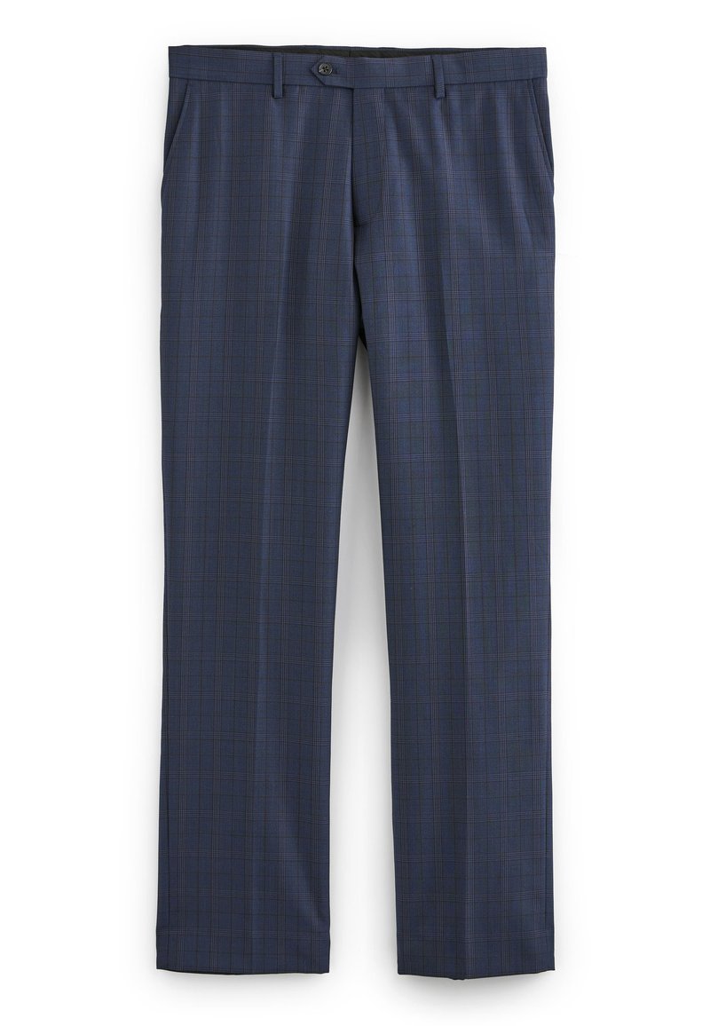 Marineblaue Anzughosen mit feinem karierten Muster, seitlichen Taschen, Gürtelschlaufen und Knopfverschluss an der Taille.