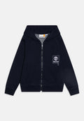 Marinefarbener Zip-Hoodie aus Baumwolle mit einer Fronttasche, ausgestattet mit einem weißen Timberland-Logo-Patch auf der linken Brust und gerippten Bündchen.
