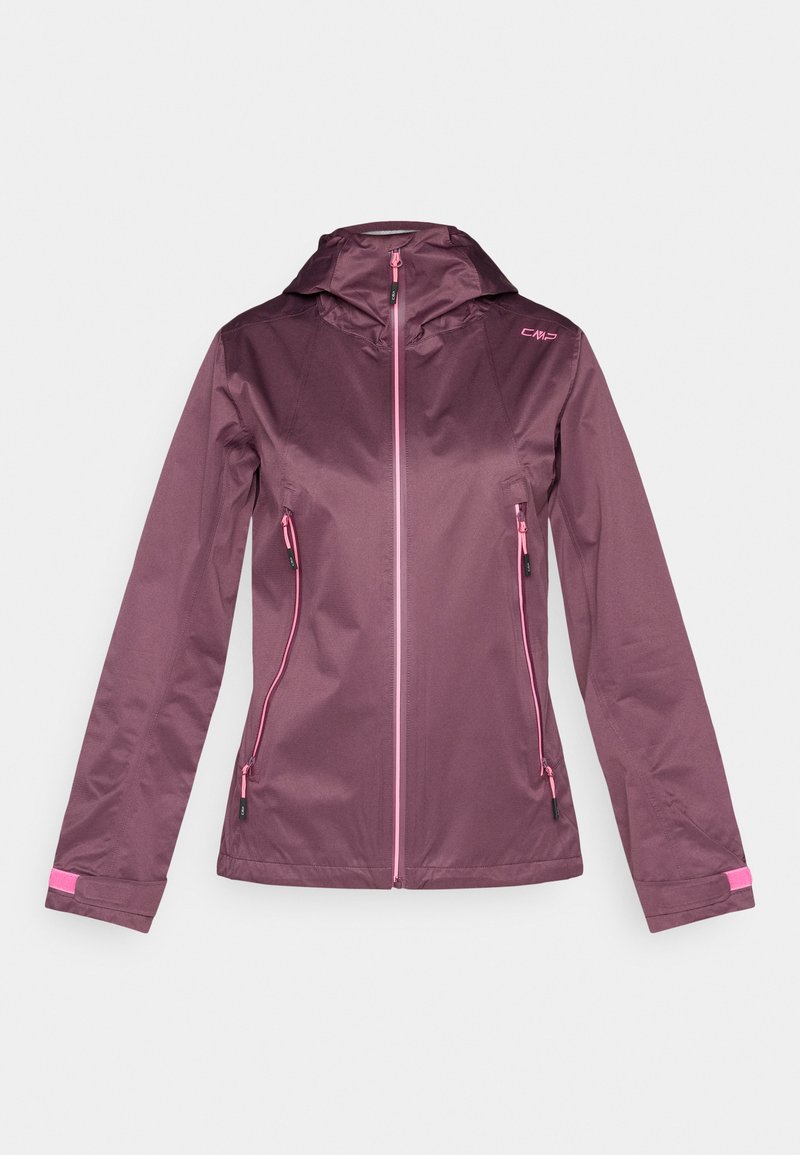 Lila Kapuzenjacke mit Frontreißverschluss und zwei Reißverschlusstaschen, mit pinken Reißverschluss-Details und verstellbaren Handgelenkriemen.