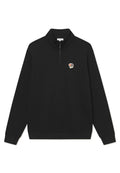 Schwarzer Pullover mit Viertelreißverschluss und hohem Kragen. Mit floraler Stickerei auf der linken Brust. Aus weichem Stoff gefertigt.