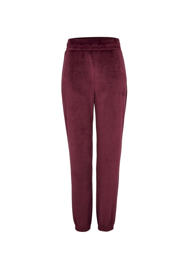 Burgunderfarbene Velour-Jogginghosen mit elastischem Bund, schmal zulaufenden Beinen und Bündchen. Mit einem dezenten Logo an der Seite. Weicher Stoff und bequeme Passform.