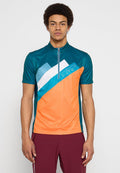Kurzarm-Performance-Shirt in Türkis und Orange, mit einem halben Reißverschluss vorne, geometrischen Mustern und dem "CMP"-Logo in kontrastierenden Farben.