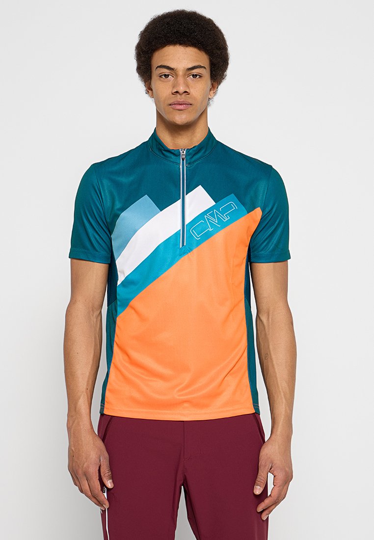 Kurzarm-Performance-Shirt in Türkis und Orange, mit einem halben Reißverschluss vorne, geometrischen Mustern und dem "CMP"-Logo in kontrastierenden Farben.