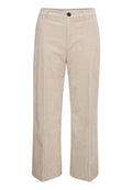 Beige Corduroy-Hosen mit geraden Beinen, ausgestattet mit einem vorderen Knopfverschluss und einer dezenten vertikalen Rippstruktur.