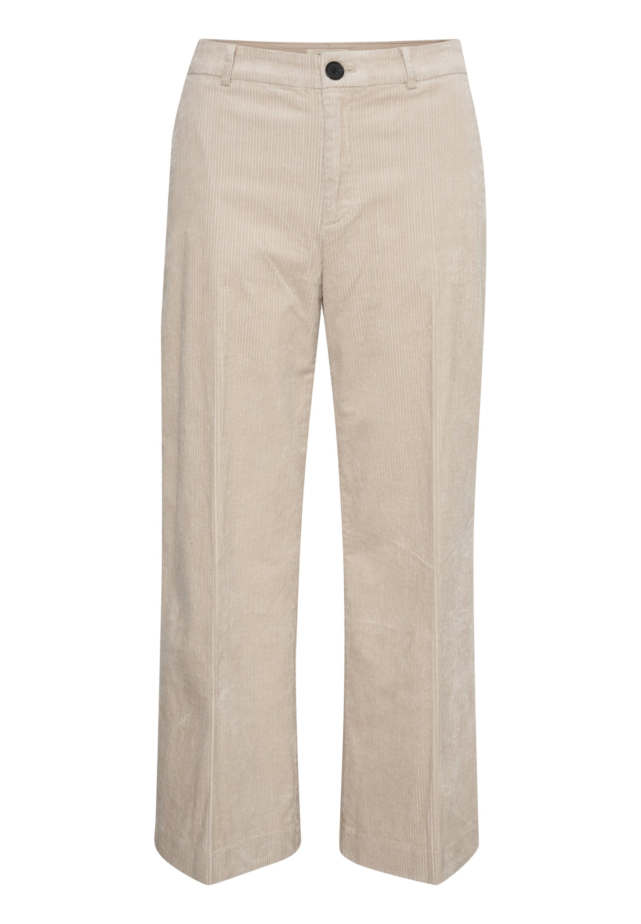 Beige Corduroy-Hosen mit geraden Beinen, ausgestattet mit einem vorderen Knopfverschluss und einer dezenten vertikalen Rippstruktur.